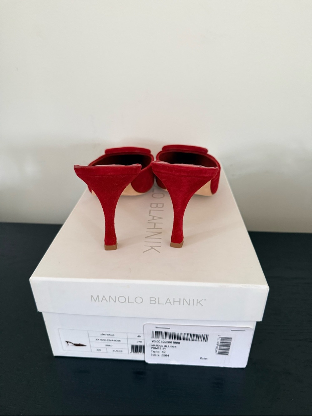 Manolo Blahnik Red Suede Pointed-Toe Buckle Mules - Picture 5 of 7